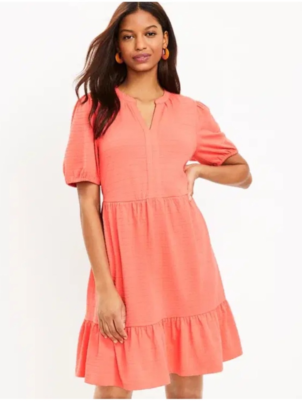 Ann Taylor LOFT Woven Puff Sleeve Swing Tiered Mini Dress Pink Medium